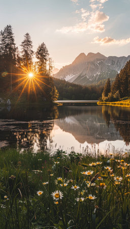 Beautiful sunset at zittauerhuette mountain refuge on lower gerlossee, pinzgau, salzburg, austriaの写真素材