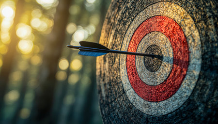 An arrow strikes precisely at the center of a dartboard, set amidst lush forest foliage, blending...