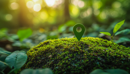 Vibrant green moss blankets a fallen log amid dense foliage, with a map pin indicating a scenic outdoor location in a thriving forest environment.の写真素材