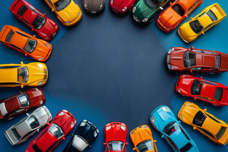 Top view of colorful toy car collection arranged in a circle in childrens play roomの写真素材