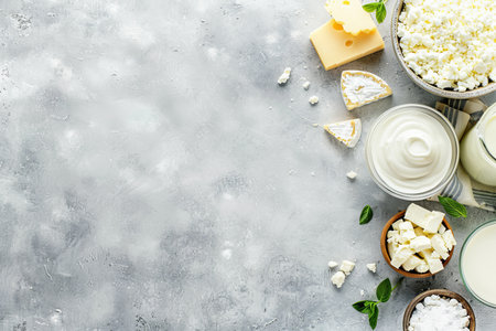 Variety of dairy products. milk, cheese, cottage, and sour cream. Overhead view with space for text.の写真素材