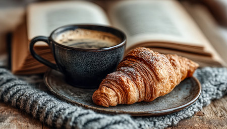 A warm morning scene featuring a flaky croissant and a steaming cup of coffee set on rustic wooden surface, evoking comfort and relaxation.の写真素材