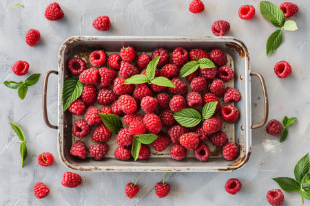 Top view of fresh sweet red raspberries on high frame - high quality image for sale