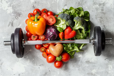 Healthy lifestyle concept. heart-shaped food and dumbbells fitness abstract on white backgroundの写真素材
