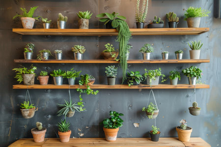 Stylish wall decor with plants in pots on wooden shelves, natural greenery home decorationの写真素材