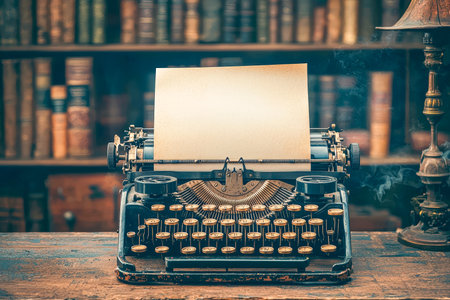 An antique typewriter rests on a rustic wooden surface, ready for inspiration amid shelves of books in a quiet library corner.の写真素材