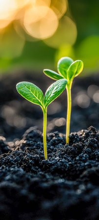 Vibrant young seedlings push through rich, dark earth, with soft sunlight glow and gentle bokeh creating a fresh, hopeful mood.の写真素材