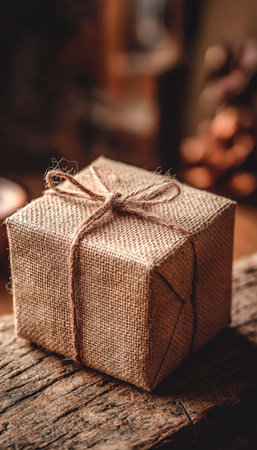 A delicately wrapped present featuring a natural twine bow rests on aged wood, bathed in soft, warm light creating a charming holiday mood.の写真素材
