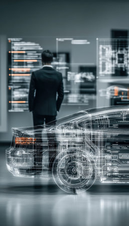 A professional in a sleek lab environment scrutinizes holographic vehicle schematics and data streams, showcasing innovation in high-tech automotive dの写真素材