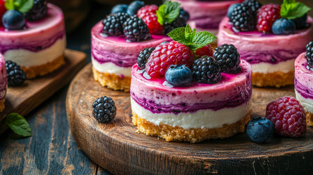 An inviting display of mini cheesecakes adorned with fresh mixed berries, arranged on a textured wooden surface, evoking rustic charm and sweet indulgの写真素材