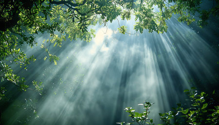 Beautiful rays of sunlight shining through dense green trees in a vibrant forest on a sunny day