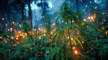 Tepid green foliage thrives amidst a colorful forest backdrop, illuminated by sparkling bokeh lights that evoke a magical, enchanted ambiance.の写真素材