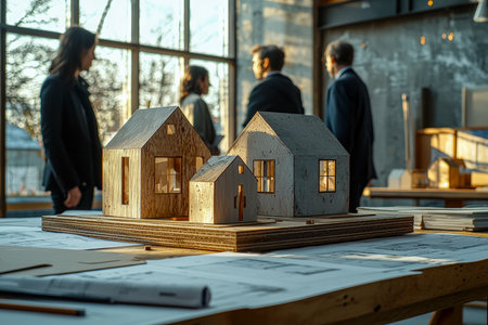 Scale models showing innovative contemporary home structures are arranged on a worktable amid a bright, collaborative office environment.の写真素材