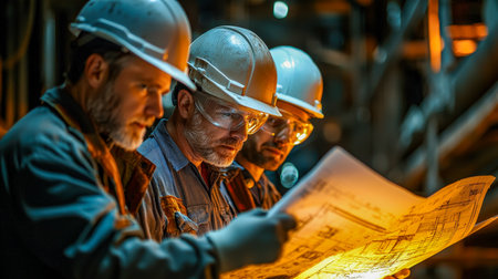 Engineers reviewing detailed plans amid bustling machinery and steel structures, capturing a scene of precision and collaboration in a busy factory seの写真素材