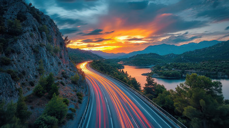 A winding mountain road glows with streaks of vehicle lights at dusk, bordered by lush forests and...