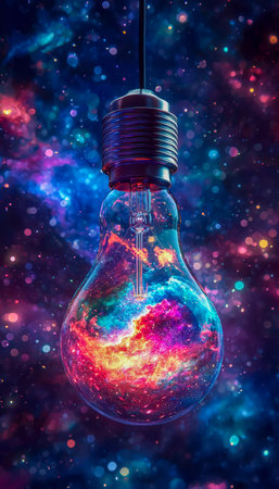 An inventive glass globe reveals a vibrant galaxy within, set against a dynamic, multicolored nebula backdrop, inspiring imagination and innovation.の写真素材