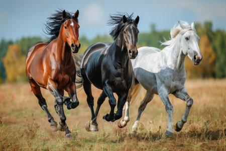 Dynamic outdoor scene with three horses running, symbolizing freedom and wildlifeの写真素材