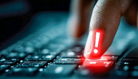 A close-up of a fingertip hovering over a keyboard key illuminated by an urgent red warning icon,...