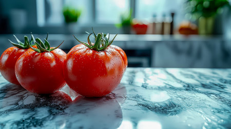 Juicy red tomatoes glisten with moisture, arranged on a sleek marble surface, evoking freshness and perfect for culinary inspiration.の写真素材