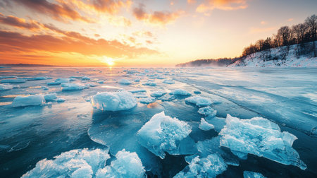 Warm sunset hues glow over slush forming on a chilly river, surrounded by frosted hills and...