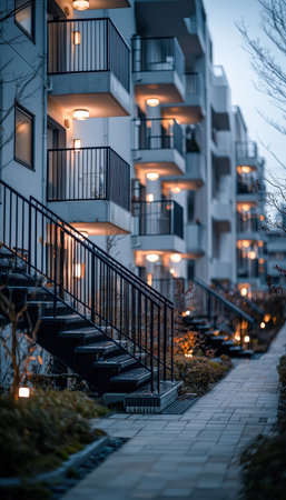 A contemporary residential complex featuring glowing balconies and an open-air staircase streaming with warm light as evening settles.の写真素材