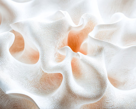 Elegant organic forms in soft peach and white, featuring detailed patterns and textured surfaces that evoke natural artistry and subtle sophisticationの写真素材