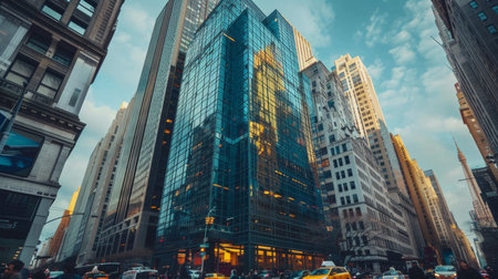 Symmetrical high-rise building with glass panels creating a striking view in the city skylineの写真素材