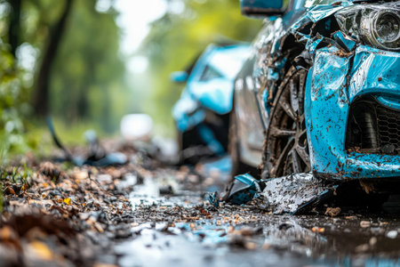 A battered blue sports car with crumpled panels and shattered headlights lies amidst muddy tire tracks on a dense woodland trail, evoking chaos.の写真素材