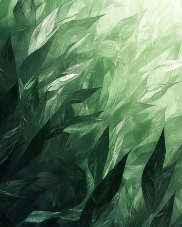 Vibrant, detailed foliage density with sunlight casting warm glows through layered leaves, creating a peaceful, natural ambiance suitable for nature tの写真素材