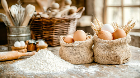 Rustic wooden table displays woven burlap baskets filled with farm-fresh eggs, surrounded by golden...