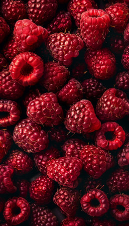 Fresh red raspberries, top view, high-quality image of juicy berries in vibrant red color paletteの写真素材