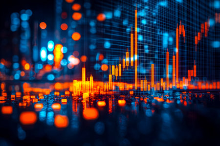 Vibrant illuminated candlestick graphs hover over a sleek, abstract digital backdrop, showcasing real-time market trends and data flow with a futuristの写真素材
