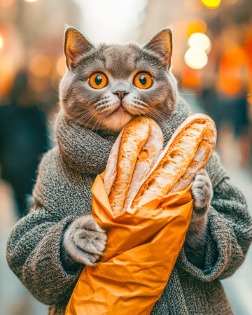 Adorable gray feline clutching fresh baguettes in a paper bag, bundled in a warm scarf amid a lively city street, exuding charm and curiosity.の写真素材