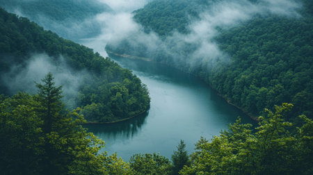 A tranquil, winding waterway meanders through dense greenery, enveloped in a gentle mist that...