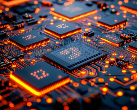 A detailed view of a high-tech circuit board illuminated by vibrant led lights, highlighting...