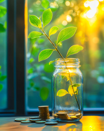 A delicate sprout emerges within a transparent jar filled with coins, representing prosperity, nurturing investment, and future financial growth.の写真素材