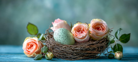 A gentle arrangement of blush roses cradled in a woven nest, accompanied by a speckled eggshell, set against rustic wooden planks for a tender, natureの写真素材