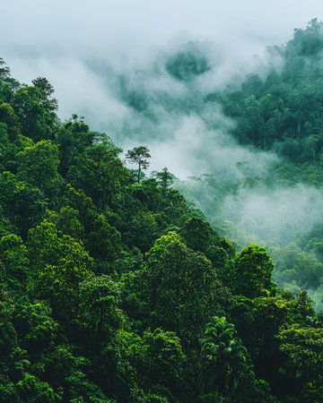 Verdant jungle canopy cloaked in mist, creating a mysterious ambiance with vibrant foliage and a...