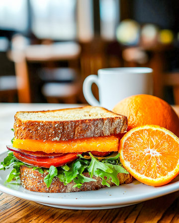 A warm scene featuring an artisan sandwich layered with fresh fillings, vibrant orange segments, and...