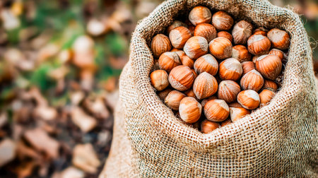 Rustic burlap bag brimming with crunchy hazelnuts set against a natural outdoor backdrop, evoking farm-fresh harvest and earthy charm.の写真素材