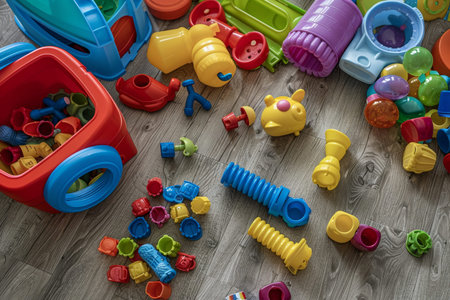 Bright and colorful plastic childrens toys scattered on the floor in a playroom setting for sale