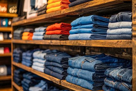 Vibrant casual trousers and denim in shades of blue, green, and red arranged meticulously on rustic wooden display shelves, evoking a cozy boutique viの写真素材