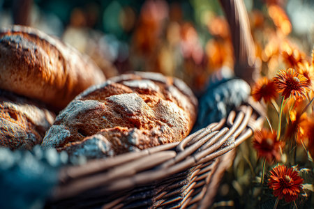 Warm, crusty artisan loaves nestled in a woven basket amid bright orange blossoms, evoking a cozy countryside ambiance perfect for bakery or garden thの写真素材
