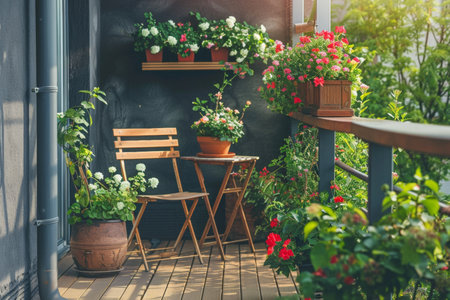 Beautiful and relaxing city terrace with wooden floor, chair, and green potted plantsの写真素材