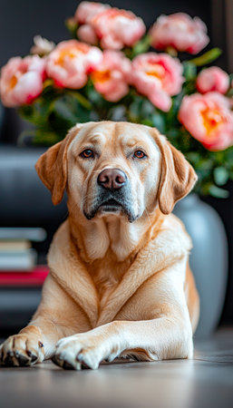 A charming Labrador relaxes peacefully on the floor, with soft pink peony blooms softly blurred behind, creating a cozy and romantic mood.の写真素材