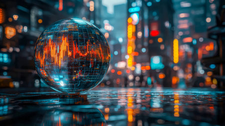 A luminous, high-tech globe displaying real-time market figures casts vibrant reflections onto an urban street scene under nighttime lights.の写真素材