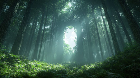 Gentle rays of sunlight pierce through towering woodland, illuminating a rugged stone arch amid lush...