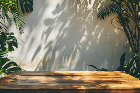 Empty wooden table with plants shadows, outdoor mockup for product advertising on sunny day