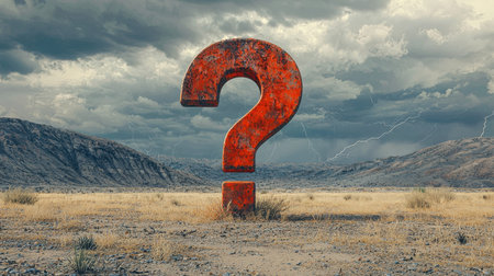 A colossal, weathered question mark cast in corrosion sits amidst an arid terrain, with distant...