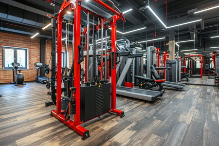 High quality photo of modern gym fitness equipment and machines in a new indoor facility